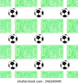 Watercolor seamless pattern with ball and football field on the white background, aquarelle. Vector illustration. Hand-drawn decorative element useful for invitations, scrapbooking, design. 