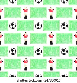 Watercolor seamless pattern with ball, player and football field on the white background, aquarelle. Vector illustration. Hand-drawn decorative element useful for invitations, scrapbooking, design.
