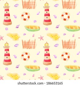 Watercolor seamless pattern. Beach, lighthouse, boat, lifesaver, sand. Vector