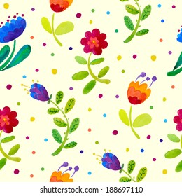 Watercolor seamless pattern with beautiful cute flowers and colorful dots. Vector illustration.