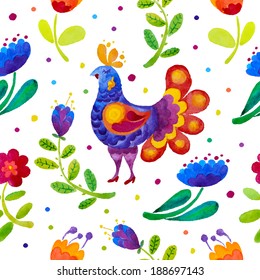 Watercolor seamless pattern with beautiful cute flowers, colorful dots and  fabulous bird. Vector illustration.