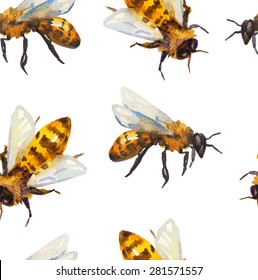 Watercolor seamless pattern with bee over white, Vector