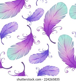 Watercolor seamless pattern with bird feathers. Vector illustration 