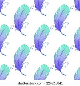 Watercolor seamless pattern with bird feathers. Vector illustration 