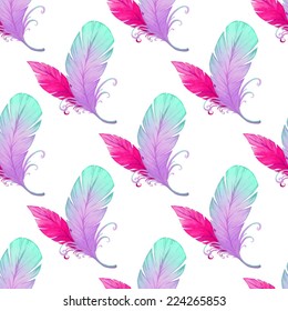 Watercolor seamless pattern with bird feathers. Vector illustration 