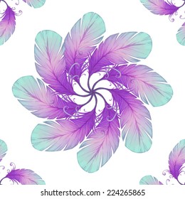 Watercolor seamless pattern with bird feathers. Vector illustration 