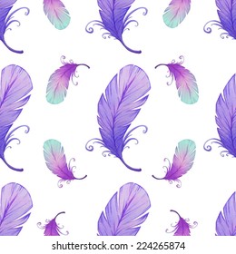 Watercolor seamless pattern with bird feathers. Vector illustration 