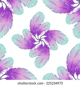 Watercolor seamless pattern with bird feathers. Vector illustration 