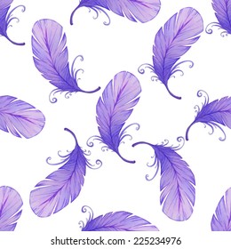 Watercolor seamless pattern with bird feathers. Vector illustration 