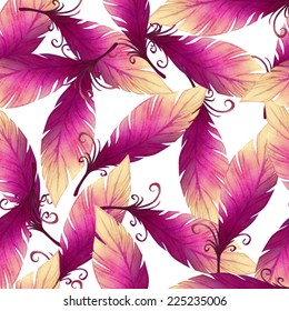 Watercolor seamless pattern with bird feathers. Vector illustration 