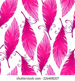 Watercolor seamless pattern with bird feathers. Vector illustration 