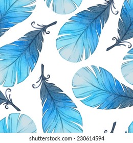Watercolor seamless pattern with bird feathers. Vector illustration 