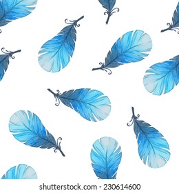 Watercolor seamless pattern with bird feathers. Vector illustration 