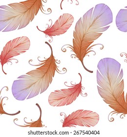 Watercolor seamless pattern with bird feathers. 
Vector illustration.