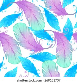 Watercolor seamless pattern with bird feathers. 
Vector illustration.