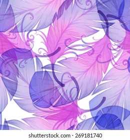 Watercolor seamless pattern with bird feathers. 
Vector illustration.