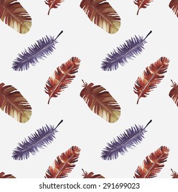 Aquarell nahtloses Muster mit Vogelfedern. Wiederholte Hintergrundtextur, Tierdruck. Stoffdesign, Tapete 