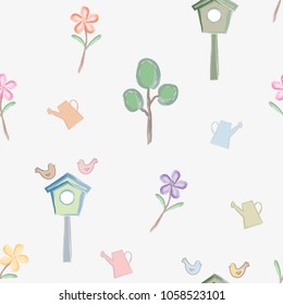 Watercolor seamless pattern with  bird house,  tree, flowers and watering can. Vector, illustration.