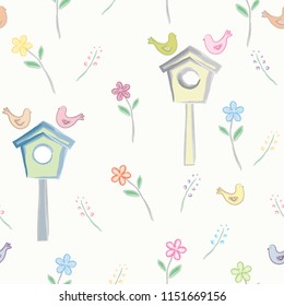 Watercolor seamless pattern with  bird house and flowers. Vector illustration.