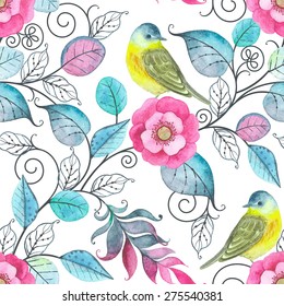 Watercolor seamless pattern with birds, flowers and leaves, abstract illustration in vintage style.