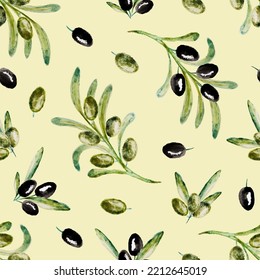 Watercolor seamless pattern with black and green olive branches. Vegetable pattern. Green leaves on beige background
