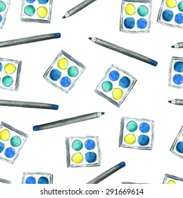 Watercolor seamless pattern with blue eye pencil, blue, yellow, green eyeshadow on the white background. Vector illustration. 