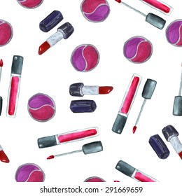 Watercolor seamless pattern with blue eye pencil, blue, yellow, green eyeshadow on the white background. Vector illustration. 
