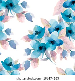 Watercolor seamless pattern with blue flowers.