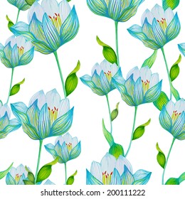 Watercolor seamless pattern with blue flowers.