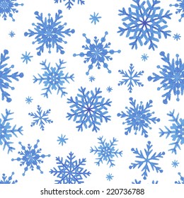Watercolor seamless pattern with blue snowflakes for design  wrapping paper, scrap booking, textiles, sites