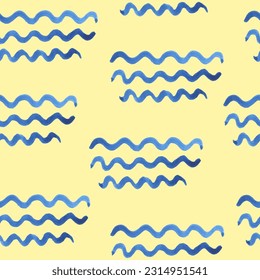 Watercolor seamless pattern. Blue strokes of paint wave on yellow sand background. Stains, splash, water, ocean, sea, line, river. Tie dye Ornament. Hand drawn vector illustration for prints, wrapping