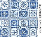 Watercolor seamless pattern of blue tiles with geometrical and floral ornaments in azulejo ceramic style