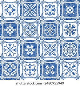 Watercolor seamless pattern of blue tiles with geometrical and floral ornaments in azulejo ceramic style