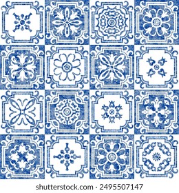 Watercolor seamless pattern of blue tiles with geometrical and floral ornaments in azulejo ceramic style