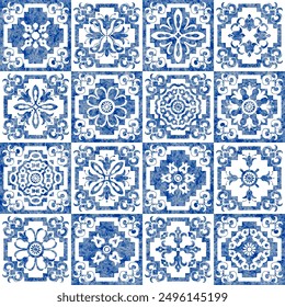 Watercolor seamless pattern of blue tiles with geometrical and floral ornaments in azulejo ceramic style