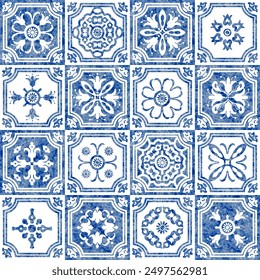 Watercolor seamless pattern of blue tiles with geometrical and floral ornaments in azulejo ceramic style