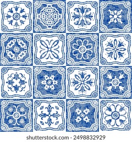 Watercolor seamless pattern of blue tiles with geometrical and floral ornaments in azulejo ceramic style