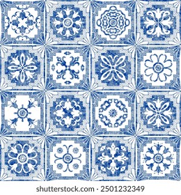 Watercolor seamless pattern of blue tiles with geometrical and floral ornaments in azulejo ceramic style