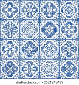 Watercolor seamless pattern of blue tiles with white geometrical and floral ornaments 