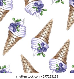 Watercolor Seamless pattern with blueberries ice cream 