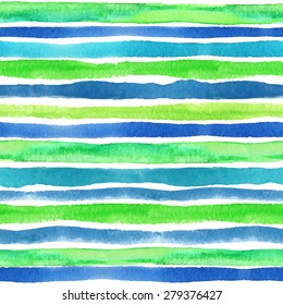 Watercolor seamless pattern border. Blue,green,turquoise  horizontal strips.Sea wave ,water Hand drawing painting background, Backdrop,fabric,Wallpaper.Vector.Travel, vacation design. 