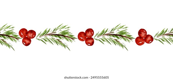 Watercolor seamless pattern border line Christmas tree branch and red Holly Berries