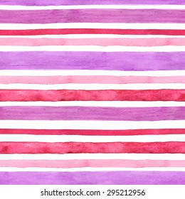 Watercolor seamless pattern borders. Pink , purple, lilac, red horizontal strips.Hand drawing painting background . Backdrop, background, fabric, Wallpaper. Vector. Summer, travel, vacation design.