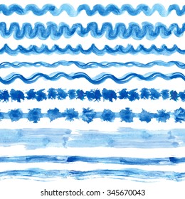 Watercolor  seamless pattern borders texture.Blue,cyan hand painting texture,wive line  horizontal  brushstroke.Backdrop,fabric,Wallpaper,brush.Vector.Summer,travel, vacation design