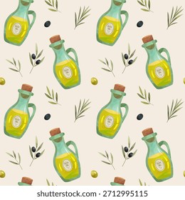 Watercolor seamless pattern with bottle of olive oil, olive branches. Natural mediterranean background 