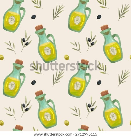 Watercolor seamless pattern with bottle of olive oil, olive branches. Natural mediterranean background 