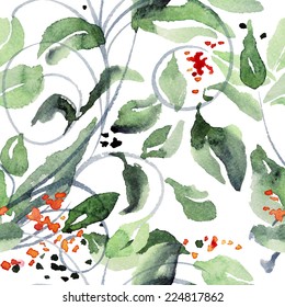 Watercolor seamless pattern of branch with leaves. Vector illustration.