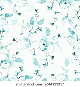 Watercolor seamless pattern with branches, leaves and flowers. Vector hand drawn spring background in pastel colors.