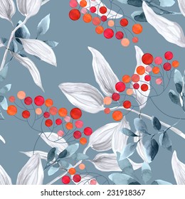 Watercolor Seamless Pattern With Branches Rowan Berry. Winter Background.