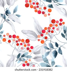 Watercolor seamless pattern with branches rowan berry. Winter background.